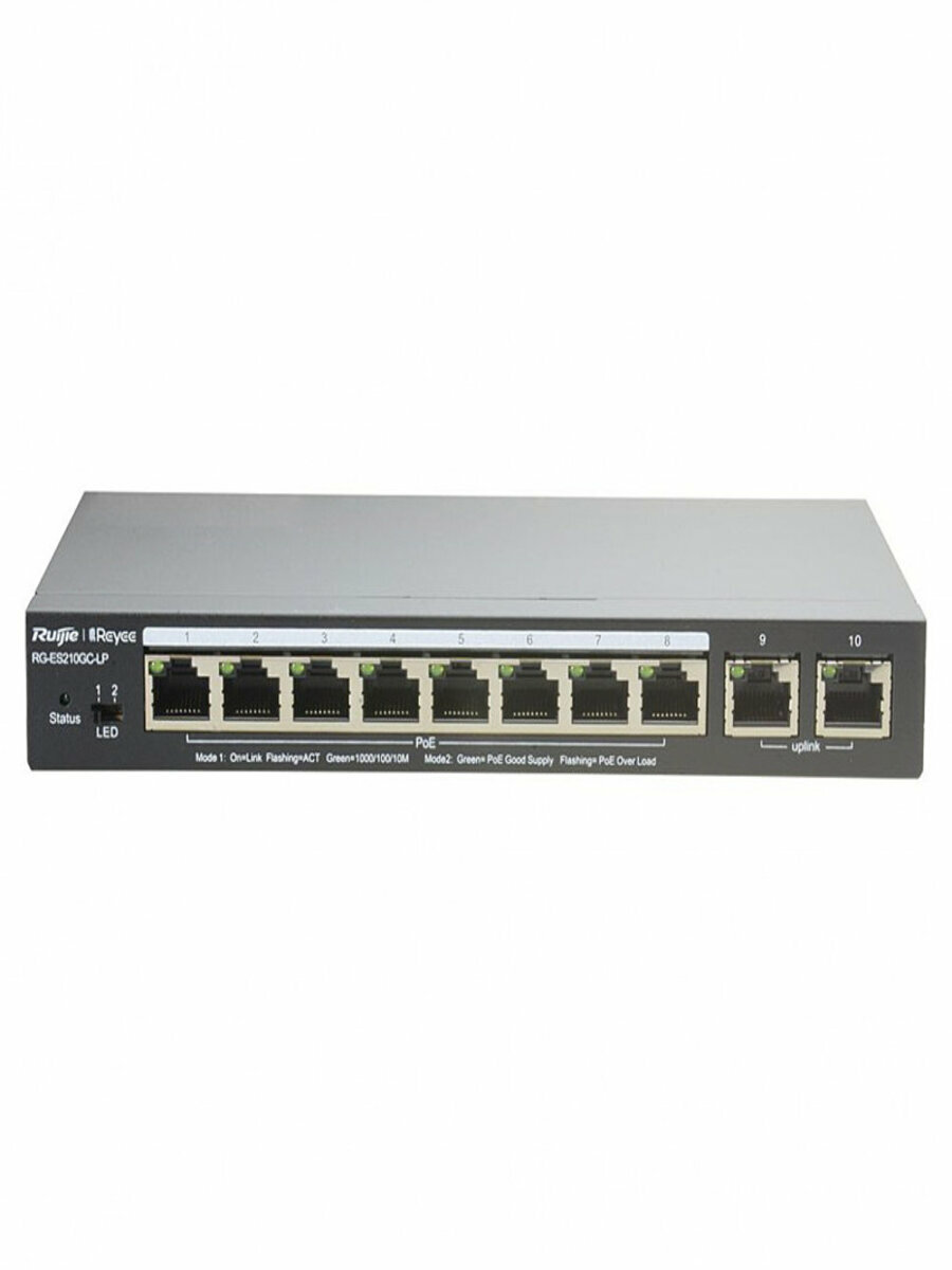 Коммутатор Reyee 10-Port Gigabit Smart POE Switch, 8 PoE/POE+ Ports with 2 Gigabit RJ45 uplink ports, 70W PoE power budget, Desktop Steel Case (RG-ES210GC-LP) Ruijie - фото №2