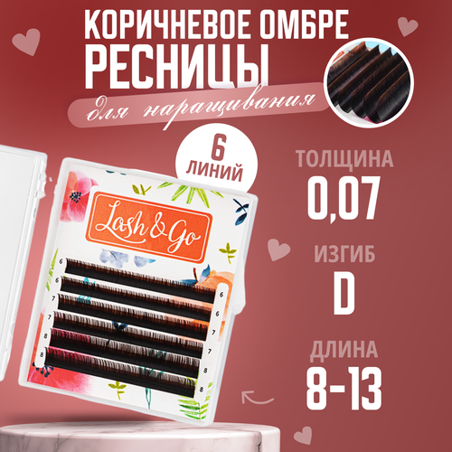 Lash&Go Ресницы для наращивания Цветные Омбре микс D/0,07/8-13 mm Коричневый (6 линий)/ Ресницы для наращивания Цветные Омбре Лэш энд Гоу