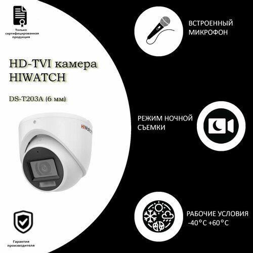 2 Мп уличная HD-TVI-камера видеонаблюдения Hiwatch DS-T203А (6mm) серии Value с EXIR-подсветкой до 30 м