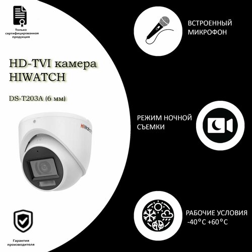 2 Мп уличная HD-TVI-камера видеонаблюдения Hiwatch DS-T203А 6mm серии Value с EXIR-подсветкой до 30 м 445100₽