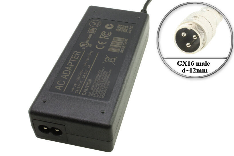 Адаптер (блок) питания 54.6V, 2A, 110W, GX16 3pin male, зарядное устройство для гироскутера, электро- самоката и др, для Li АКБ типа 13S ( 48V)