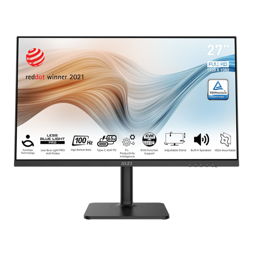 MSI Монитор LCD Modern MD272XP 27' 16:9 1920х1080(FHD) IPS, 100 Hz, 300 cd/m2, H178°/V178°, 1000:1, 16.7M, 4ms, HDMI, DP, Height adj, Pivot, Tilt, Speakers, 1Y, Black