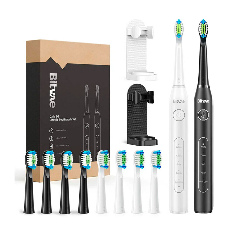 Набор электрических зубных щеток BITVAE D2 Daily Toothbrush (2 подставки + 8 насадок + 2 колпачка для насадок) GLOBAL белая и черная