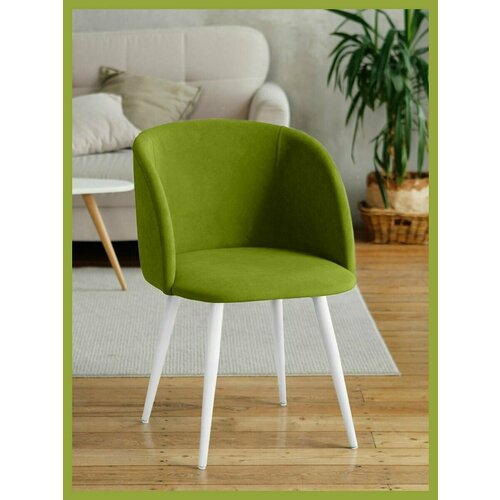 Стул мягкий для кухни и гостиной с подлокотниками и спинкой, салатовый с белыми ножками