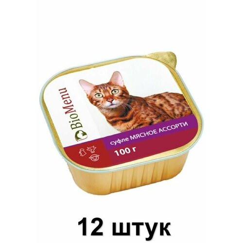 BioMenu Консервы для кошек кошек суфле Мясное ассорти, 100 г, 12 шт biomenu консервы для кошек кошек суфле с телятиной 100 г 6 шт