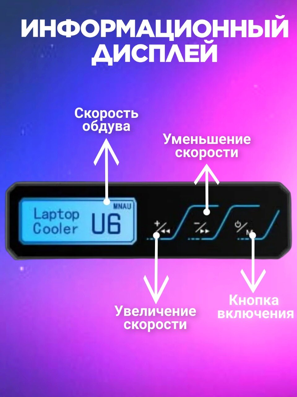 Охлаждающая подставка для ноутбука с 4 вентиляторами, синей подсветкой и дисплеем, управление скоростью вентиляторов