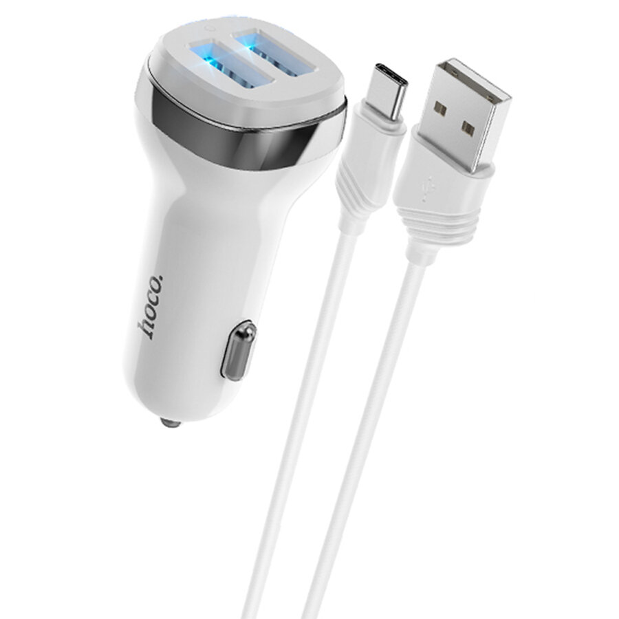 Автомобильное зарядное устройство HOCO Z40 Superior, 2xUSB с Кабелем USB - Type-C, 2.4A, белый