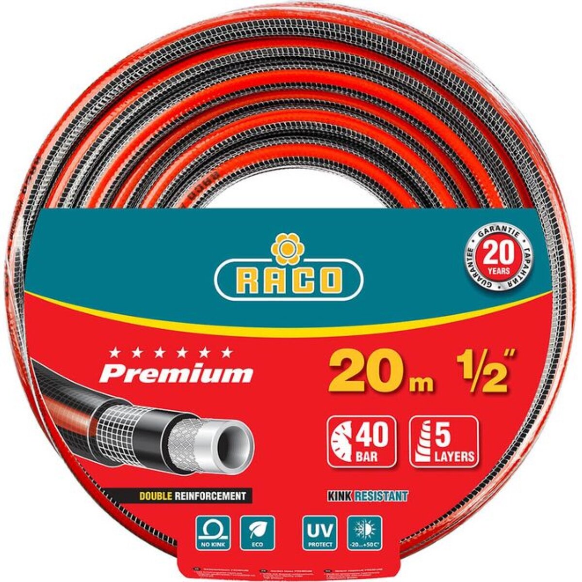 Пятислойный поливочный шланг RACO PREMIUM 1/2",20м,40атм, усиленный двумя слоями армирования,40300-1/2-20_z01