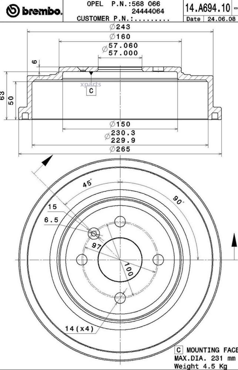 BREMBO 14A69410 Барабан Тормозной OPEL ASTRA H/COMBO 04- задн.