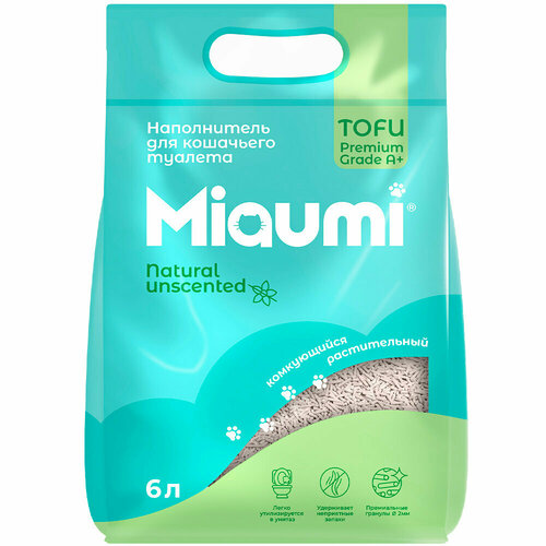 Наполнитель для кошачьего туалета Miaumi TOFU Natural Unscented, комкующийся, растительный, натуральный без ароматизатора 6л наполнитель для кошачьего туалета miaumi tofu natural комкующийся без ароматизатора 6л