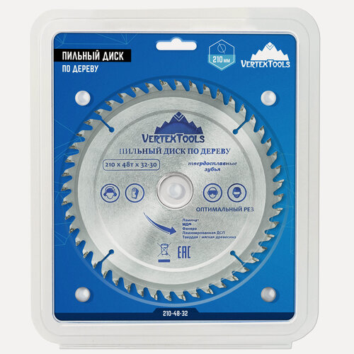 Изображение товара Пильный диск по дереву VertexTools 210Х32-30 мм, 48 зубьев, 6300 об/мин