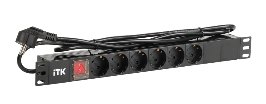 ITK Блок розеток (PDU) 6 розеток DIN49440 с LED выключателем 1U шнур 2м вилка DIN49441 профиль из ПВХ черный (нем. станд)