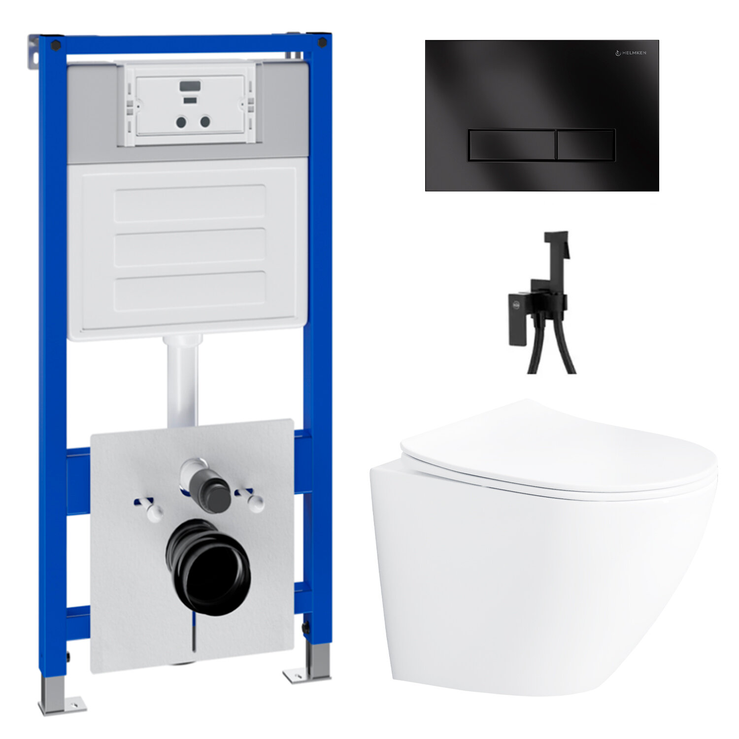 фото Инсталляция с подвесным унитазом Helmken 35490101 комплект 6 в 1: подвесной безободковый унитаз, сиденье микролифт, инсталляция с кнопкой смыва, шумоизоляция, смеситель с гигиеническим душем Grohe