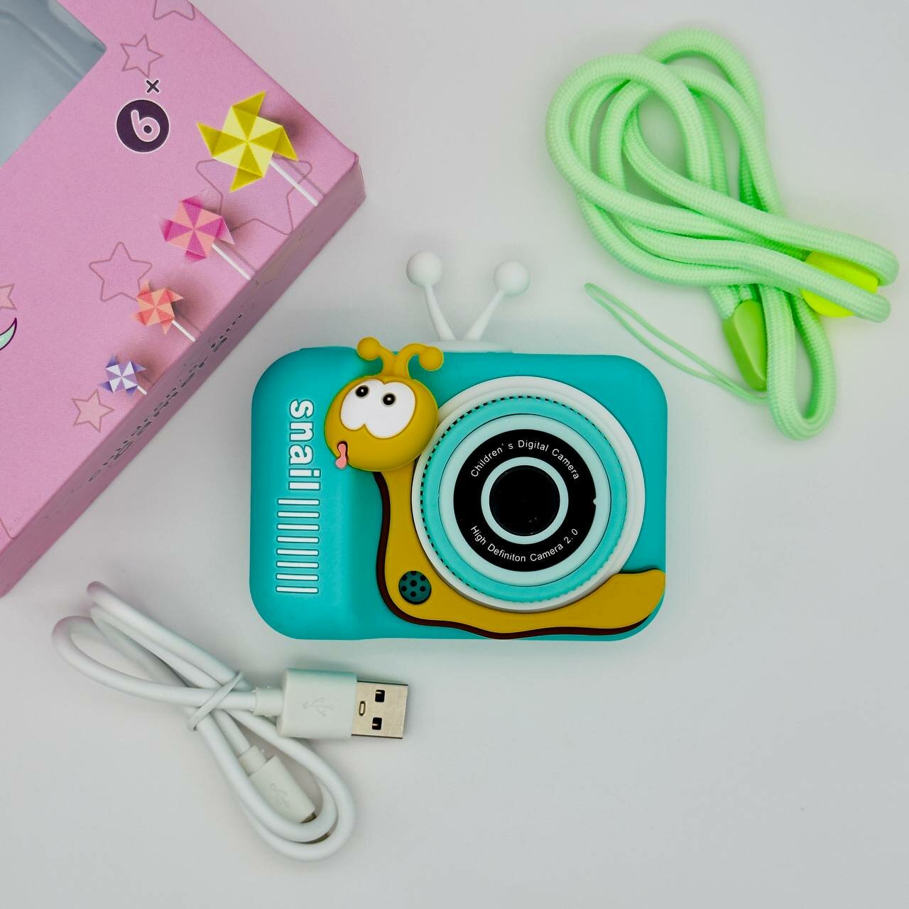 Фотоаппарат детский цифровой Улитка Зеленая ударопрочный камера 1080p Full-HD высокого качества со встроенной памятью, фотоаппарат для детей с играми и селфи