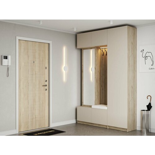 Прихожая комплект Бостон с полками со штангой с вешалкой 155х414х236 см Дуб Крафт серый Кашемир Белый экокожа 37390₽