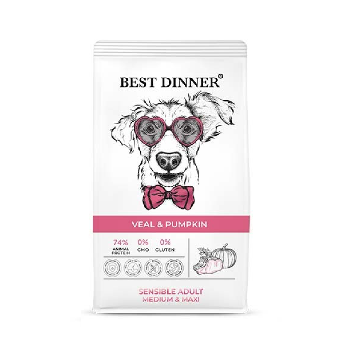 Best Dinner Adult Sensible Полнорационный сухой корм для средних и крупных собак с аллергией и проблемами пищеварения "с Телятиной и тыквой" 12кг