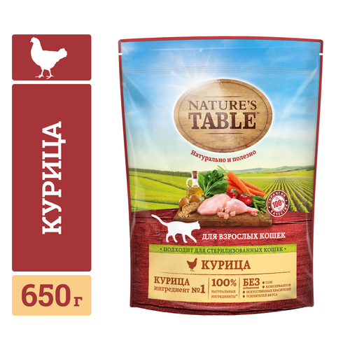 Корм сухой для взрослых кошек NATURE'S TABLE Курица, 650г