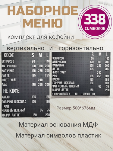 Изображение товара Наборное меню для кофейни 338 символов в комплекте на перфопанели из МДФ
