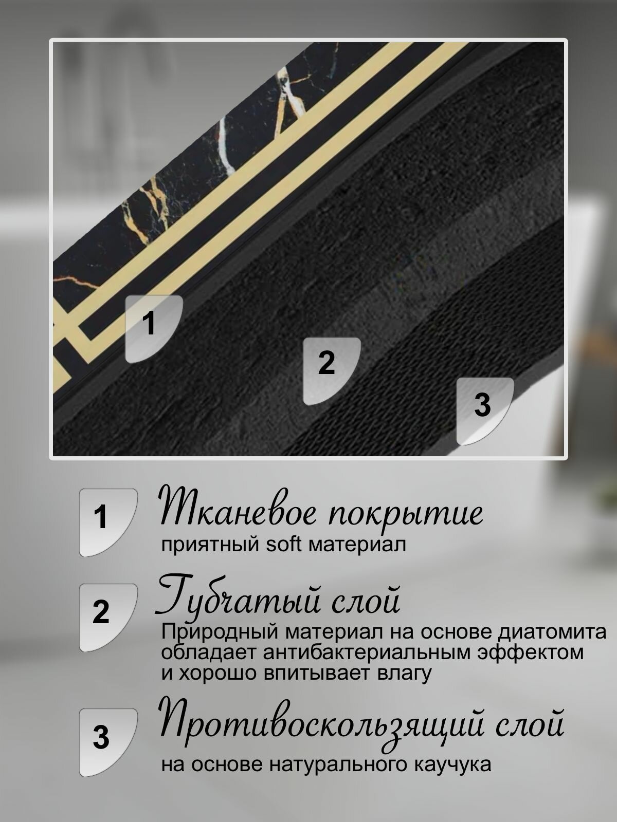 Коврик для ванной противоскользящий 60х100 см, диатомитовый, черный — фото 1