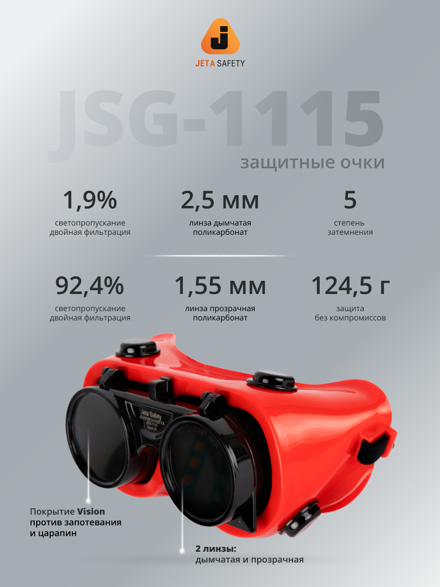 Очки защитные для сварочных работ JSG-1115 Spark IR закрытого типа с двойной линзой (затемнение 5 + прозрачная линза)