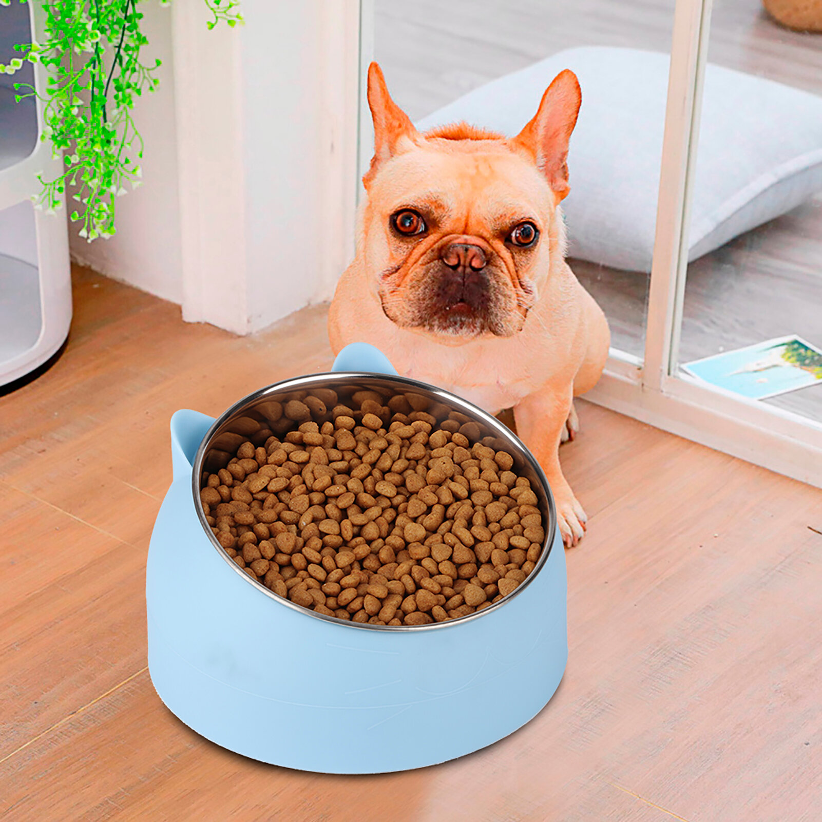 Кошачья и собачья кормушка с наклоном 15° из нержавеющей стали защита шеи маленький размер синий цвет