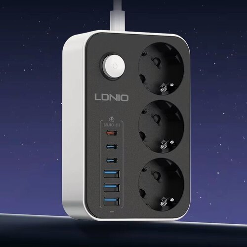 Изображение товара Сетевой фильтр LDNIO SE3631C, 3 розетки + 6 USB (USB-C 20W PD), умная защита, 2500 Вт, выключатель, кабель 2м