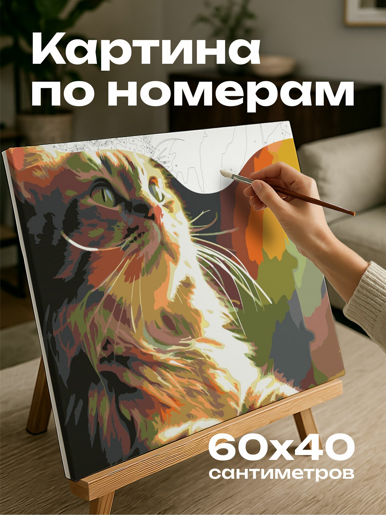 Картина по номерам 60x40 см, кошка, подоконник, солнечный свет, призма, радуга, мех