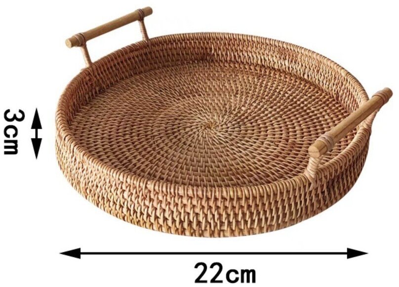 Круглая маленькая плетеная корзинка из ротанга с ручками из натурального дерева диаметром 22 см. - фотография № 3