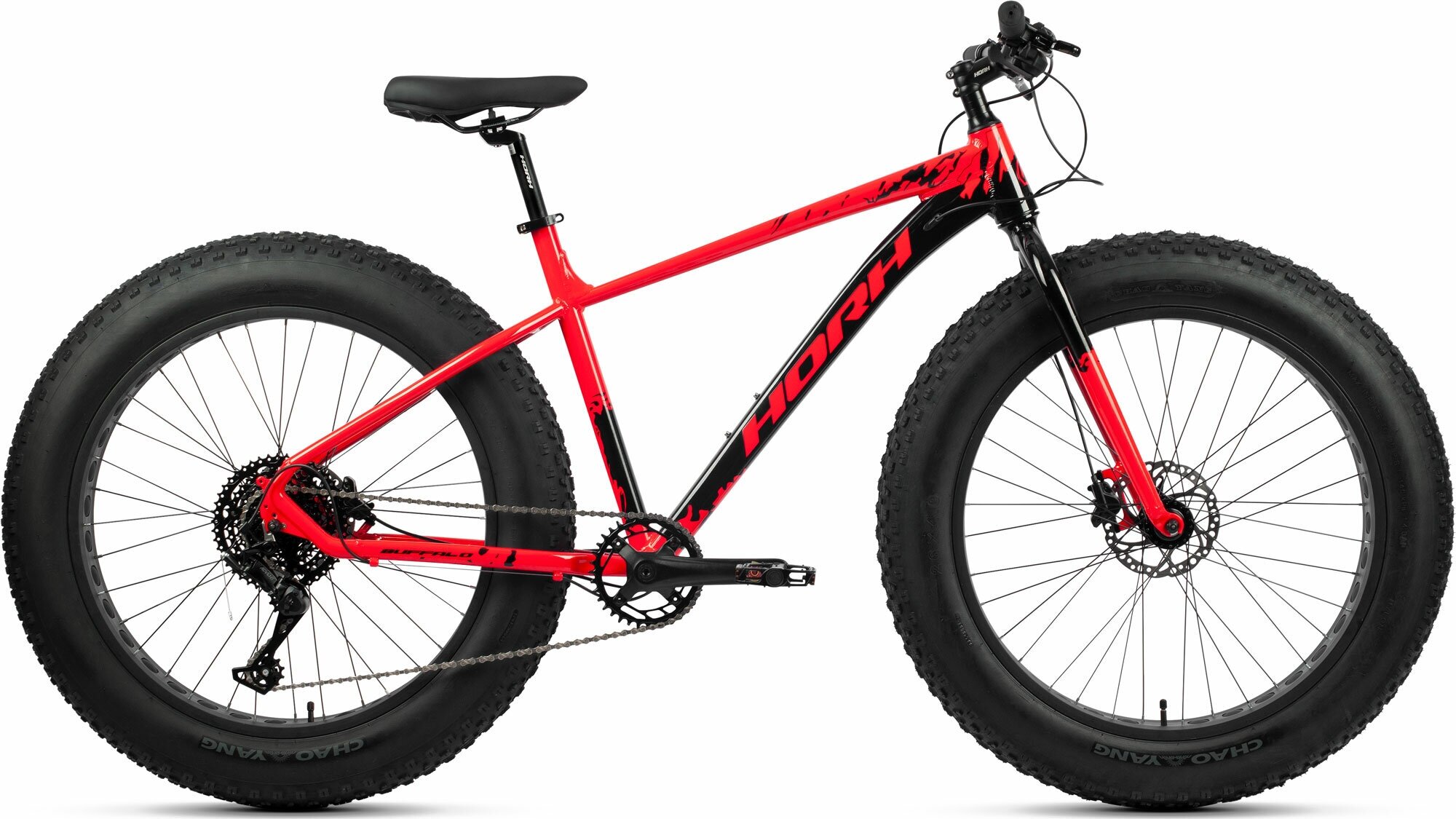 Велосипед fat-bike, фэтбайк HORH BUFFALO 26" (2023), ригид, взрослый, мужской, алюминиевая рама, оборудование Microshift, 9 скоростей, дисковые гидравлические тормоза, цвет Black-Red, черный/красный цвет, размер рамы 17", для роста 170-180 см