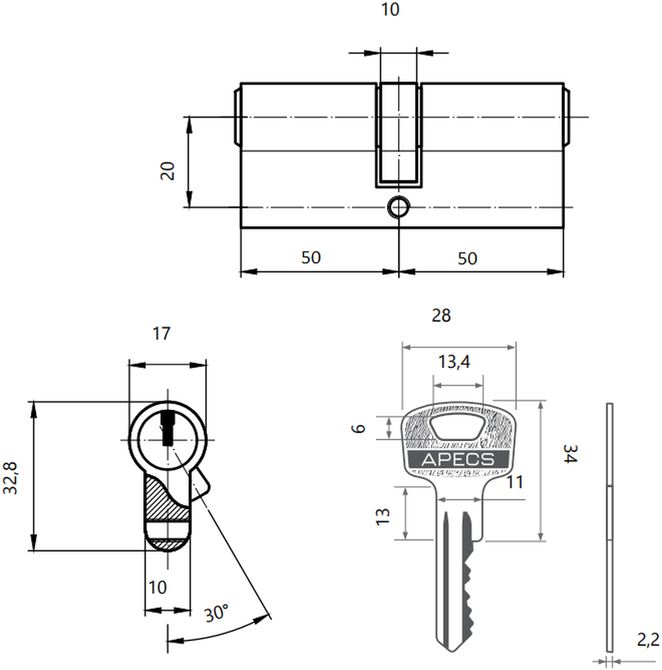 Цилиндровый механизм Apecs (Апекс) SC-100-Z-Ni - фотография № 5