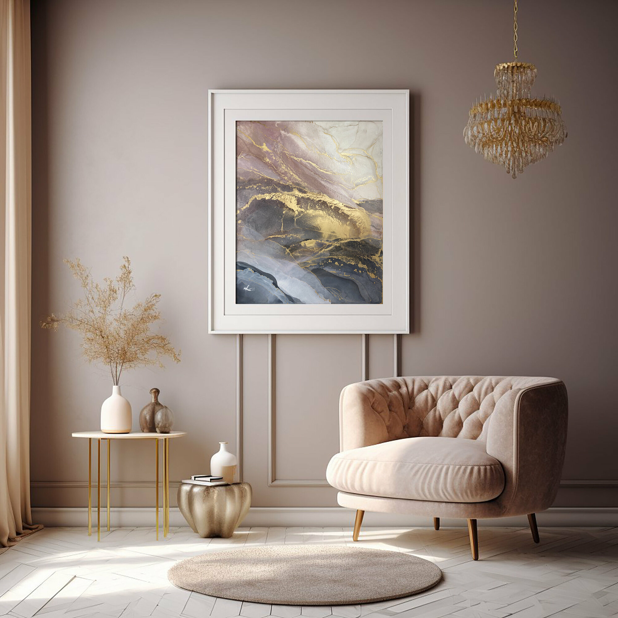 Картина-оригинал — картина-абстракция для интерьера с золотом 40х50 см флюид-арт спиртовыми чернилами – Розовый мрамор