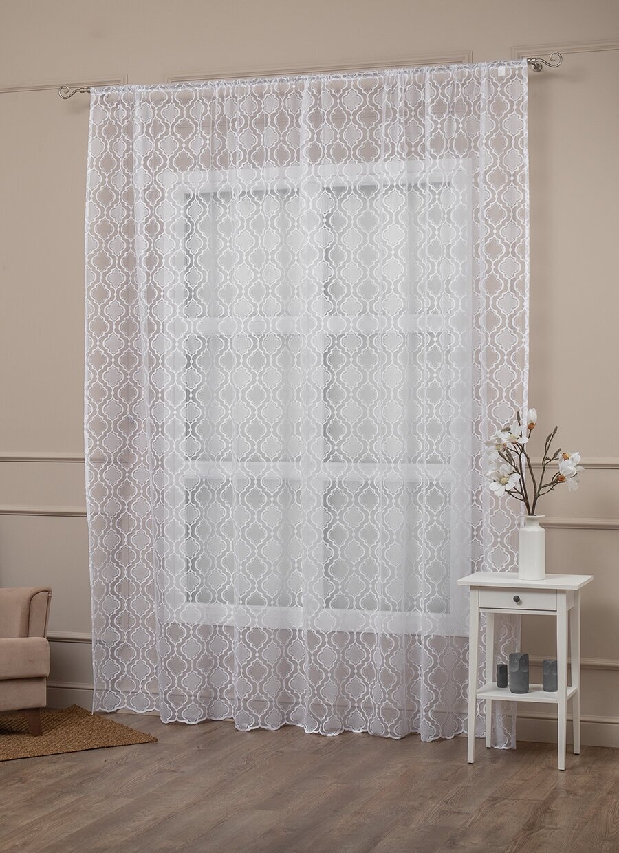 фото Тюль сетка Amore Mio 300х270 см, 1 шт, жаккардовый, для гостиной, спальни, кухни дома, на шторной ленте, белый с рисунком соты
