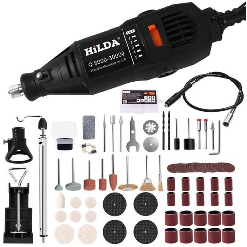 Гравер мини-дрель Hilda набор с гибким валом и аксессуарами / Бор машинка для ручной работы в кейсе