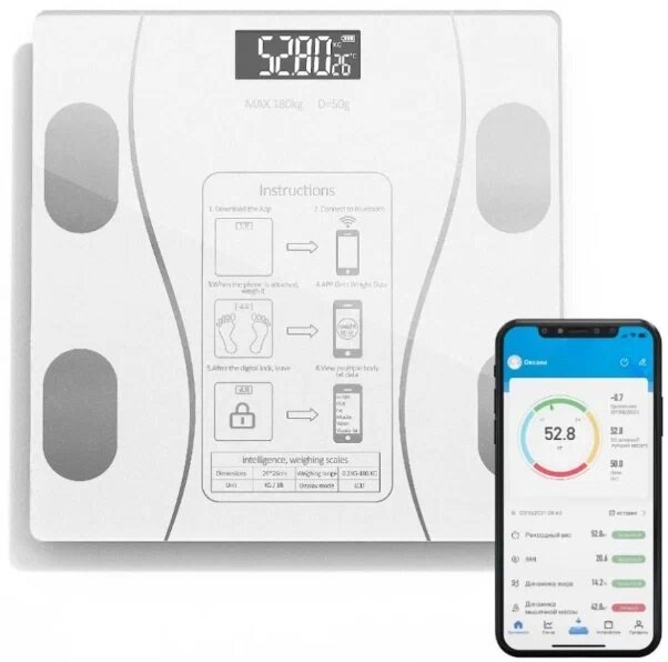 Напольные умные весы c bmi, электронные напольные весы для Xiaomi, iPhone, Android, белые - фотография № 2