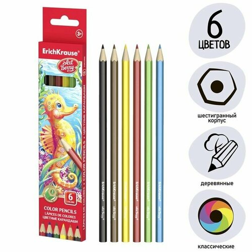 Карандаши 6 цветов премиум дерево шестигранные яркий и мягкий грифель 30 мм картонная упаковка европодвес 399₽