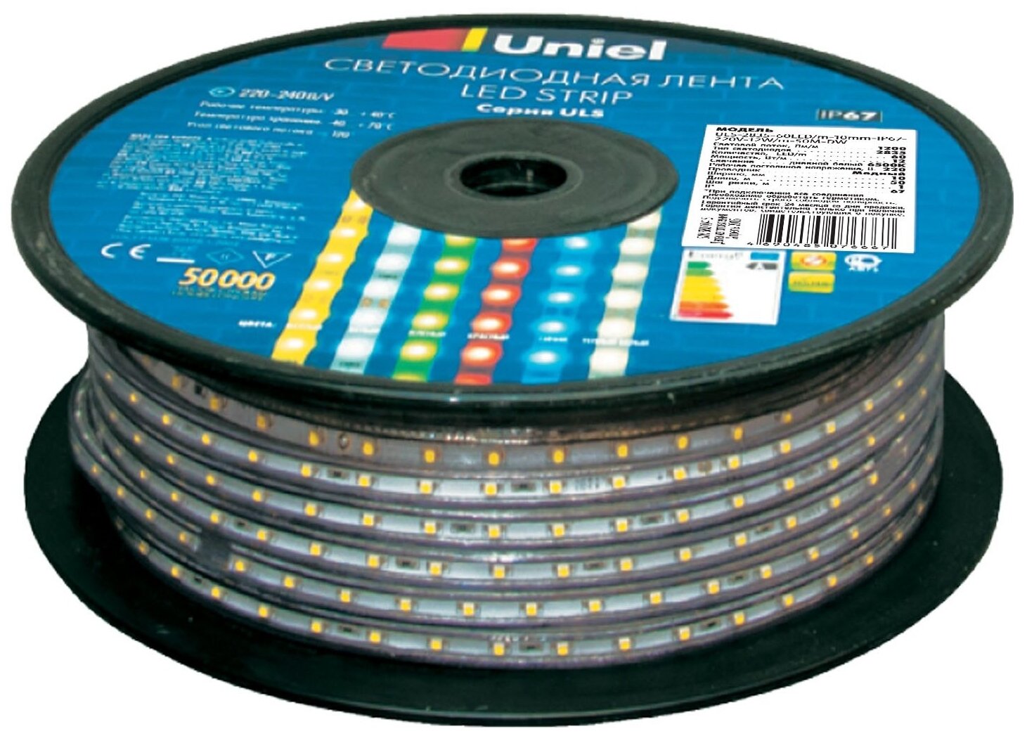 Светодиодная лента Uniel ULS-2835-60LED/m-10mm-IP67-220V-8W/m-50M-BLUE, 50 м, 400 Вт, синий, 6500 К - фотография № 1
