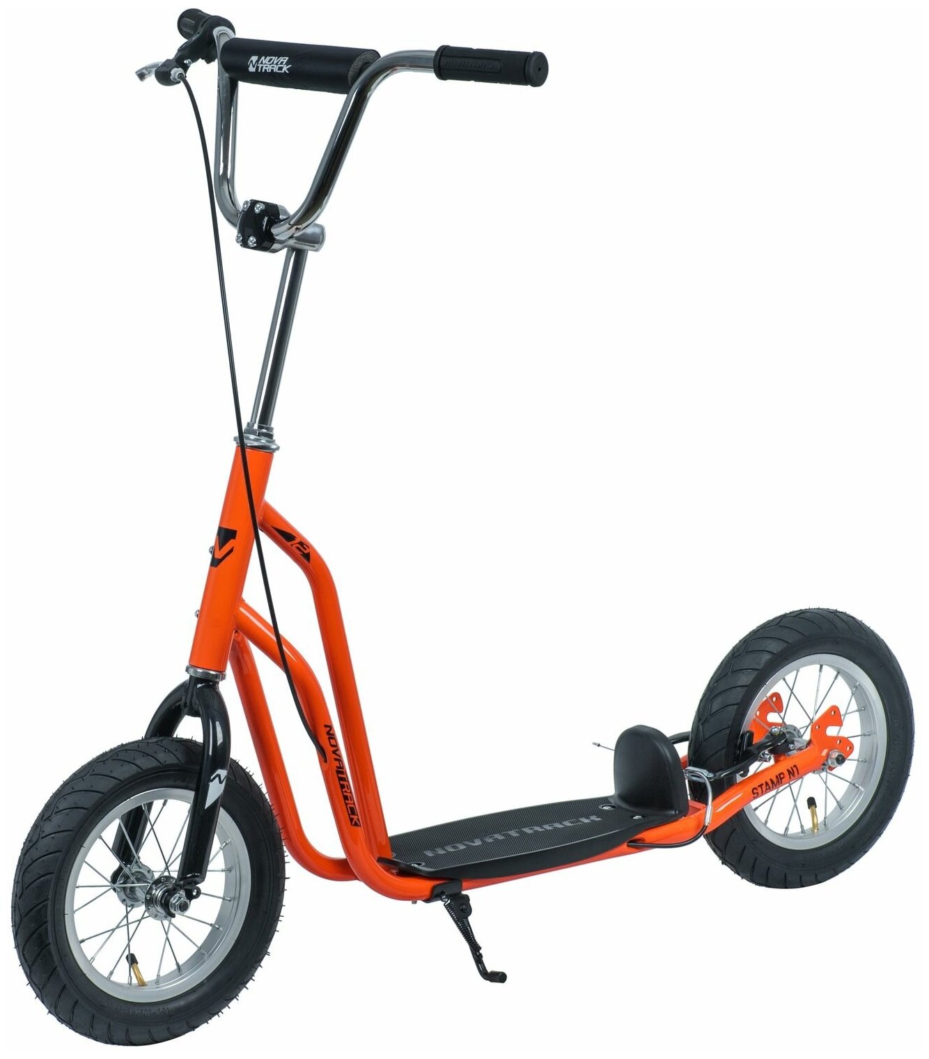 Самокат STAMP N1 12" Basic (2020) (Самокат для детей Novatrack STAMP N1, ручной тормоз V-brake, дропаут, мягкая накладка на руле, ора)
