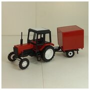 Масштабная модель "МОМ" Трактор МТЗ-82 двух цветный с прицепом красная будка (пластик) красный/черный, 1:43