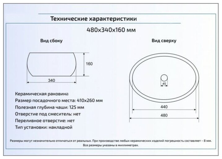 Раковина для ванной. Раковина накладная CeramaLux 9030B без перелива - фотография № 11