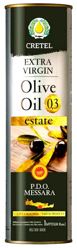 Оливковое масло нерафинированное высшего качества Extra Virgin Cretel P.D.O. Messara, премиум, кислотность 0,3-0,6, ж/б, 1 литр, Греция