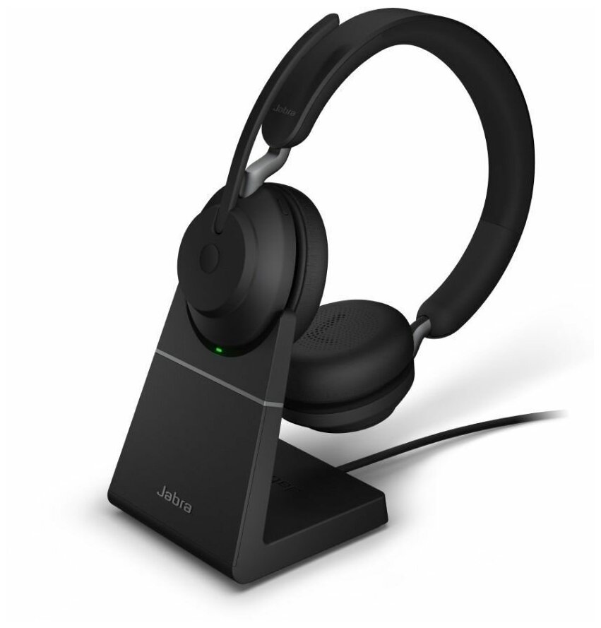 Беспроводные наушники с микрофоном Jabra Evolve2 65 Stereo Stand Black + зарядная подставка + адаптер Bluetooth Link380с, UC, USB-C, Bluetooth, цвет черный (26599-989-889)