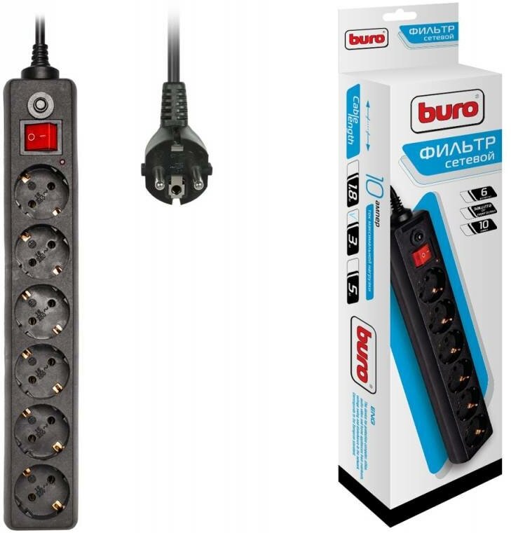Сетевой фильтр BURO 600SH-3-B черный, 6гн, 3м, выключатель