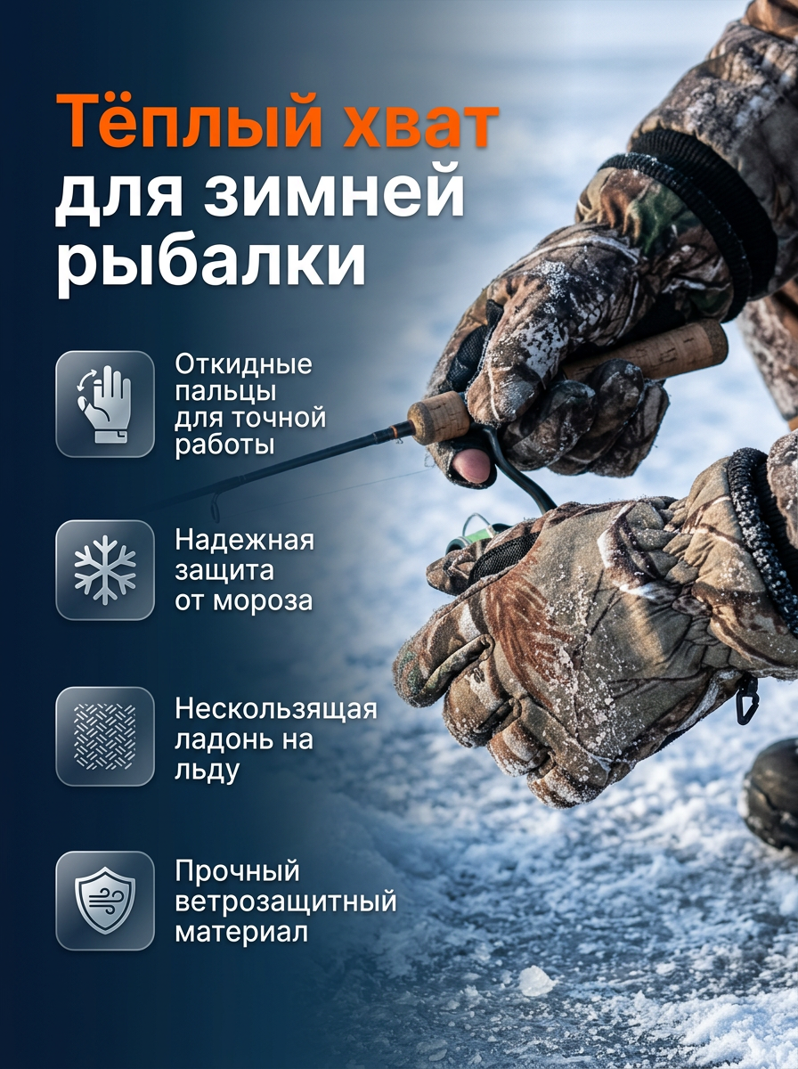 Перчатки для охоты и рыбалки, мужские, камуфляж, отгибающийся палец, нейлон/флис