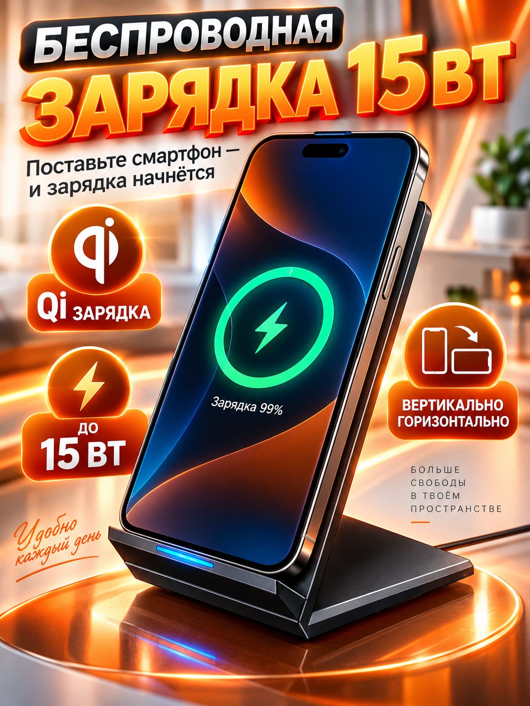 Беспроводное зарядное устройство для телефона 15 Вт, Qi зарядная подставка USB-C, для iPhone и Android, черная
