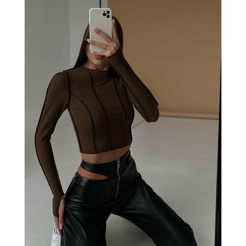 Лонгслив  в рубчик, размер XS, коричневый