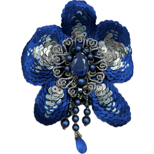 фото Брошь королевство птички & бабочки, жемчуг имитация, бисер, swarovski zirconia, синий, серебряный