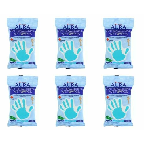 Aura Салфетки влажные Алоэ, антибактериальные, 15 шт в уп, 6 упаковок