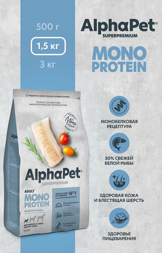 Корм сухой АльфаПет Monoprotein для взрослых собак мелких пород с белой ...