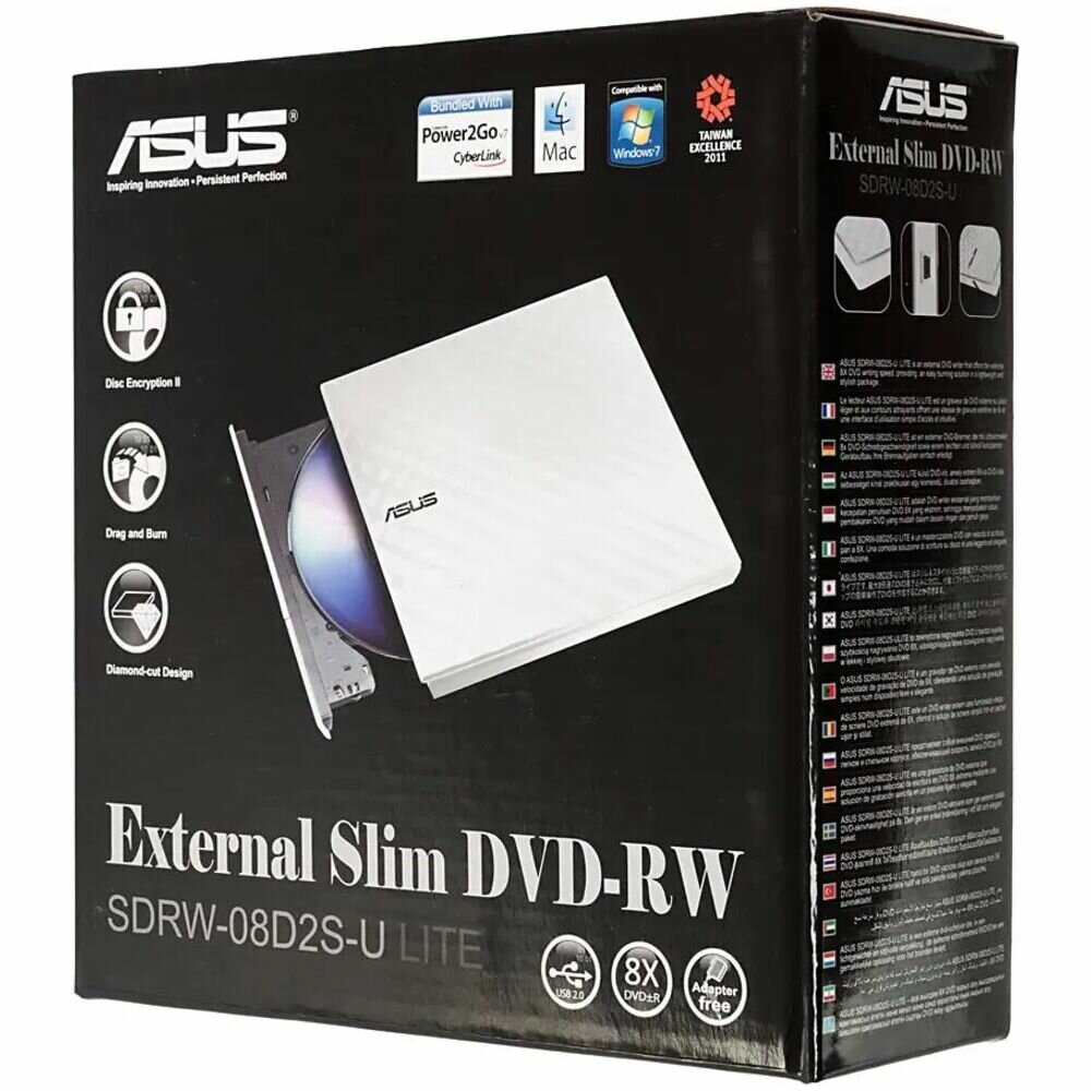 Оптический привод DVD-RW ASUS SDRW-08D2S-U, внешний, USB, белый, Ret [sdrw-08d2s-u lite/wht/g/as] - фото №9