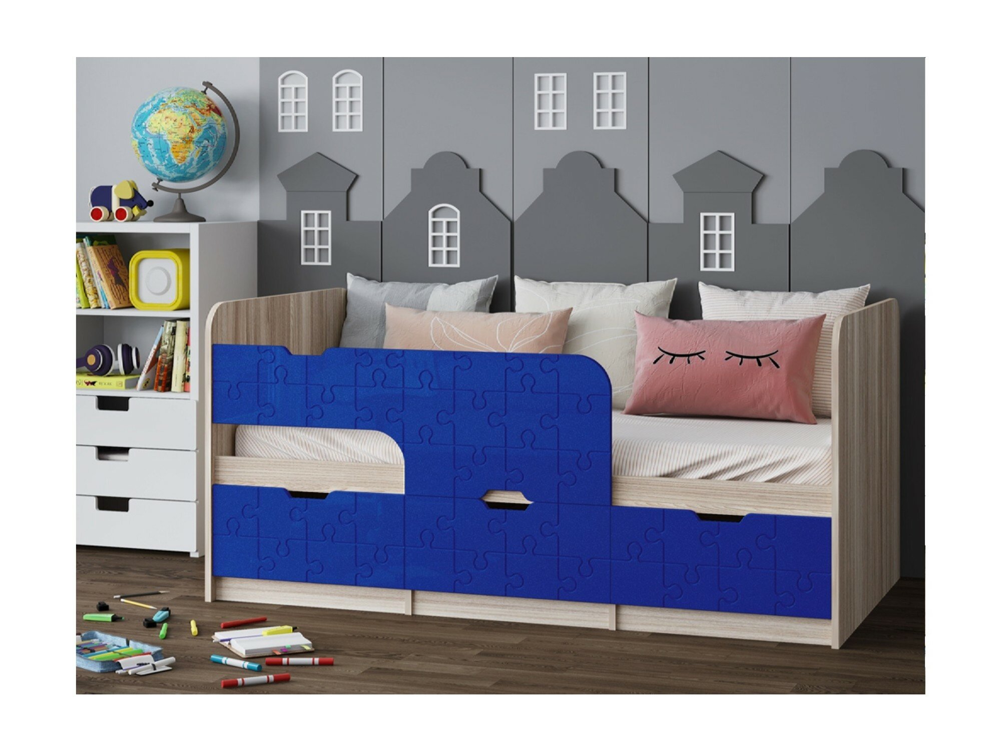 Детская кровать Юниор-9, 80х180 (Темно-синий металлик, Ясень шимо светлый)